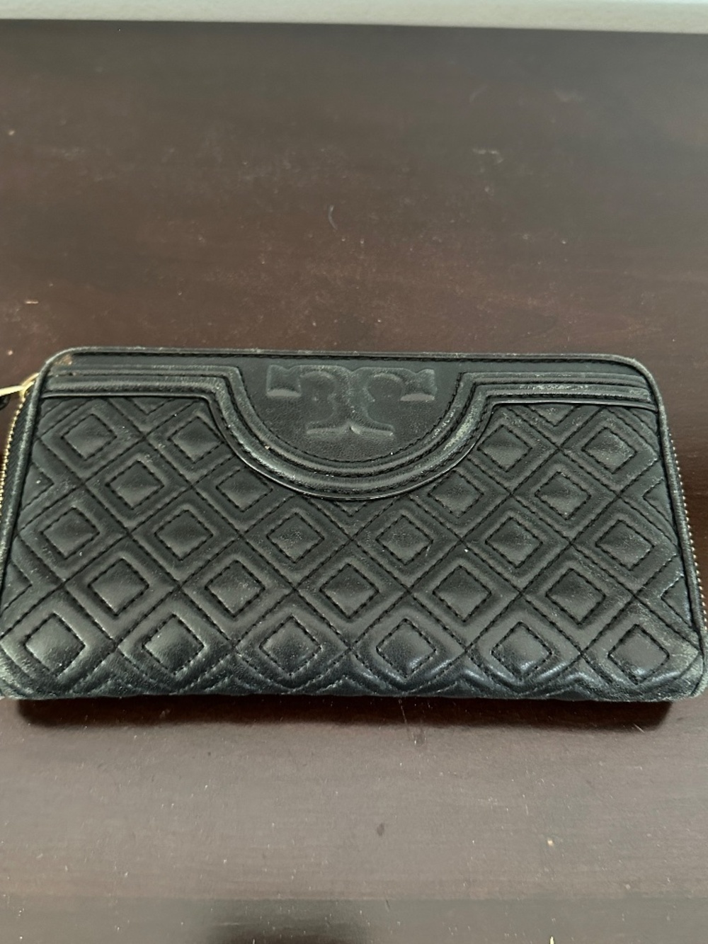 Tory Burch Black Quilted Leather Zip Around Wallet Fleming Logo Gold Hardware